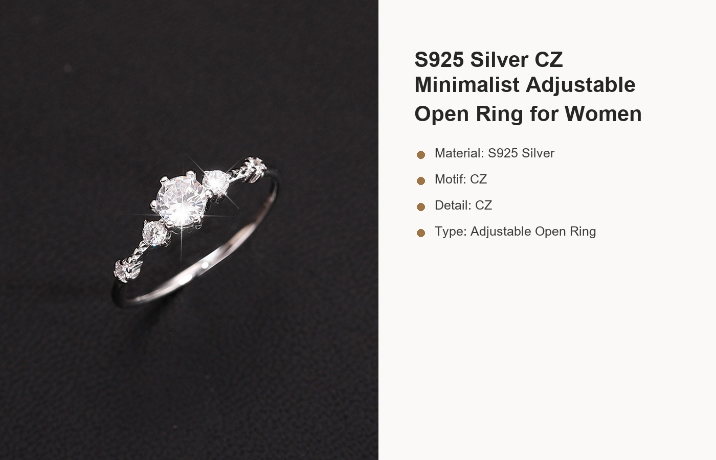 S925 Silver CZ Minimalist Adjustable Open Ring for Women detail image