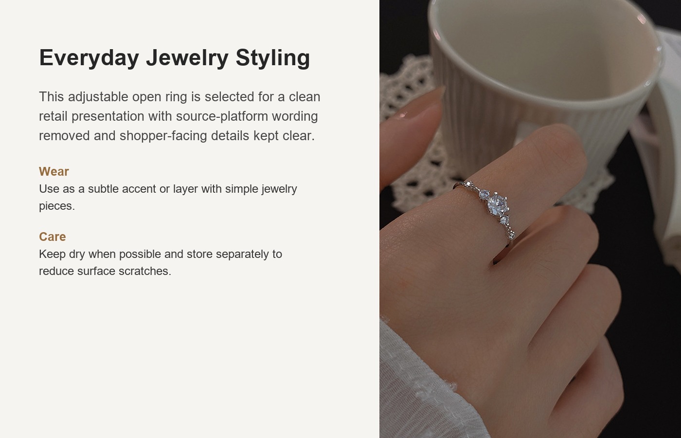 S925 Silver CZ Minimalist Adjustable Open Ring for Women detail image
