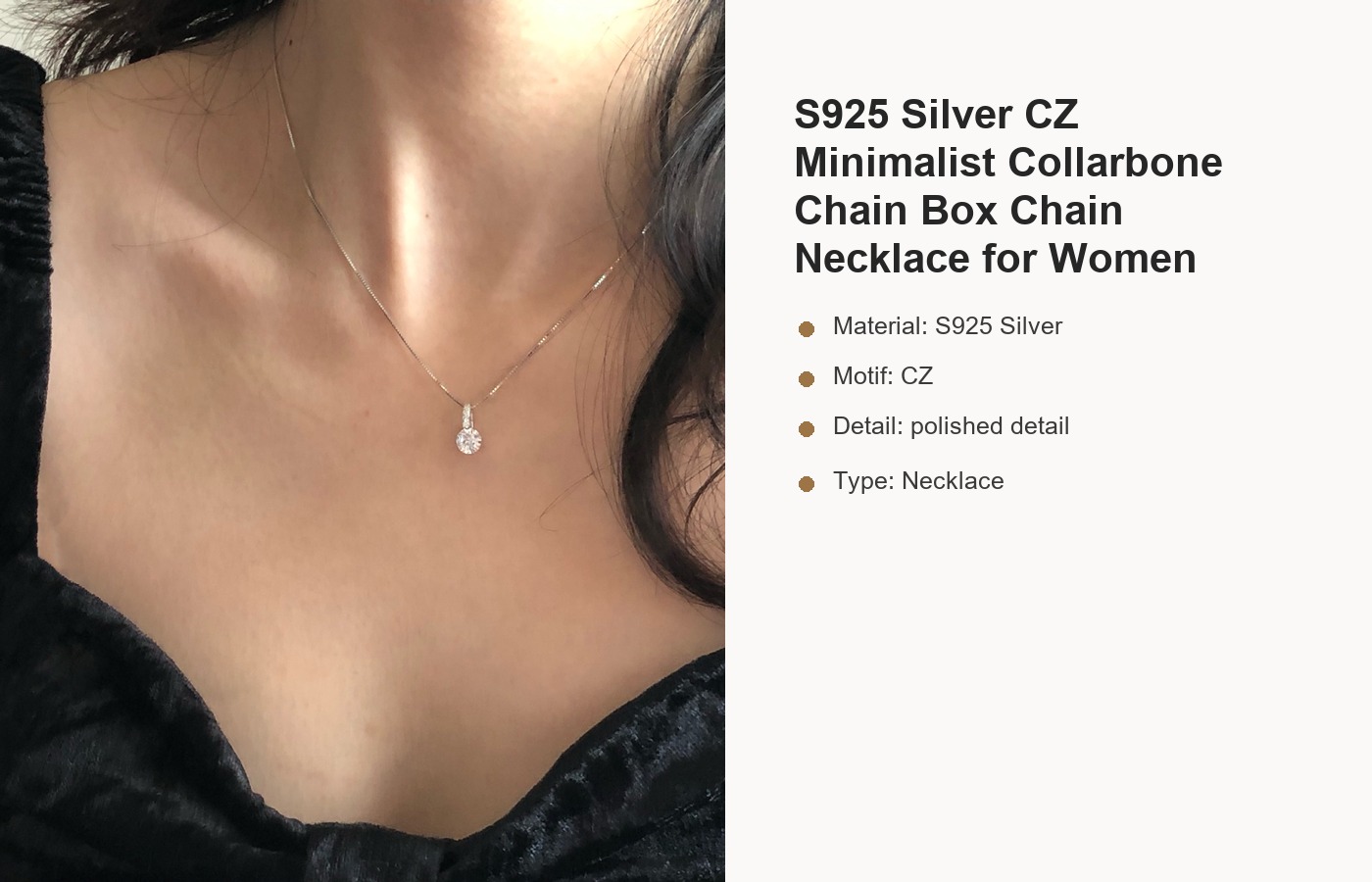 S925 Silver CZ Minimalist Collarbone Chain Box Chain Necklace for Women detail image