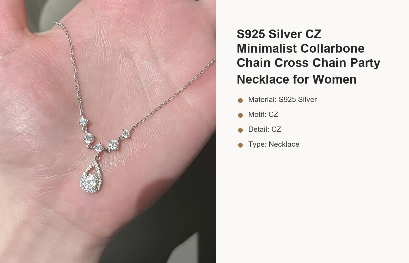 S925 Silver CZ Minimalist Collarbone Chain Cross Chain Party Necklace for Women detail image