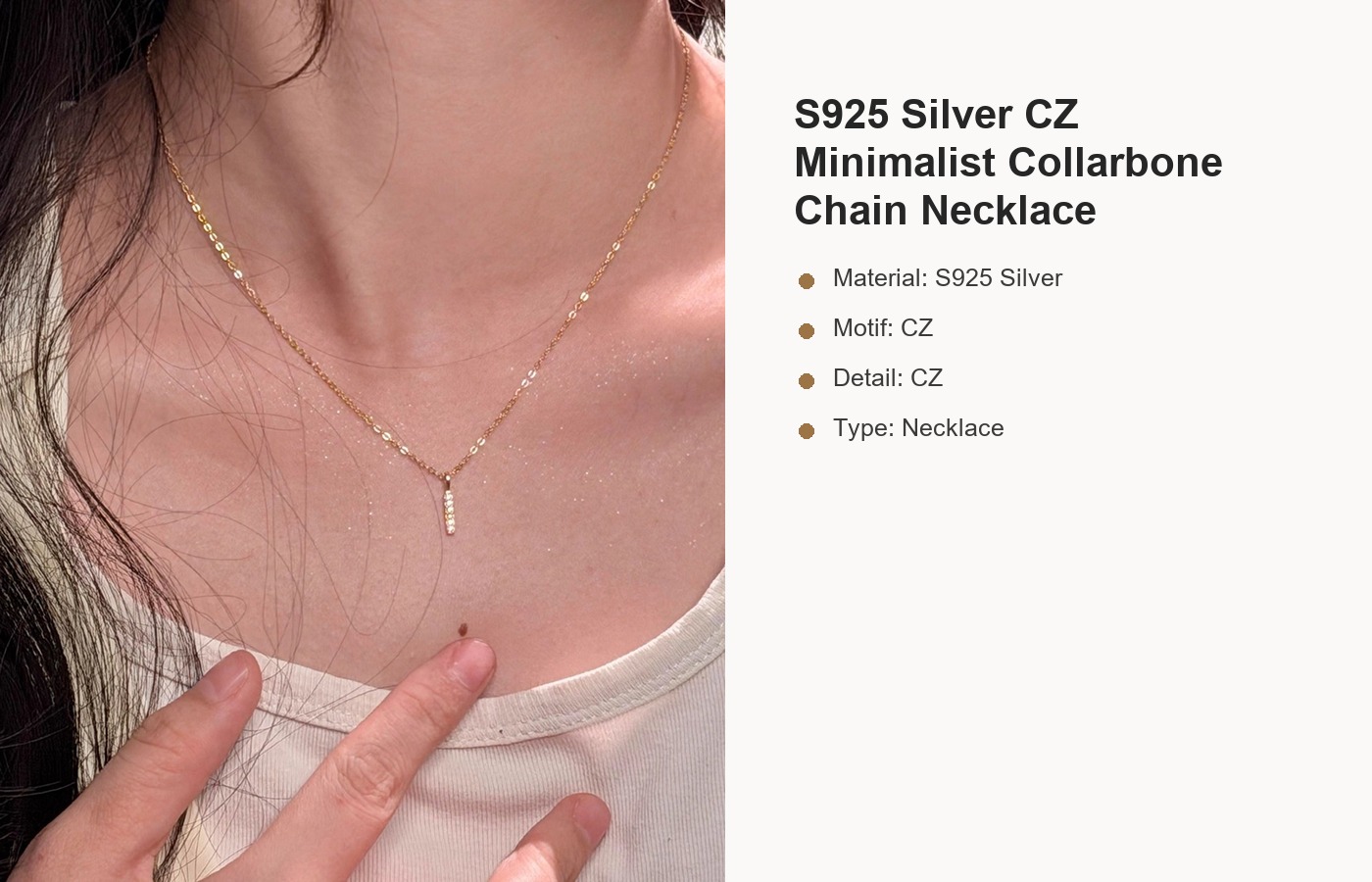 S925 Silver CZ Minimalist Collarbone Chain Necklace detail image