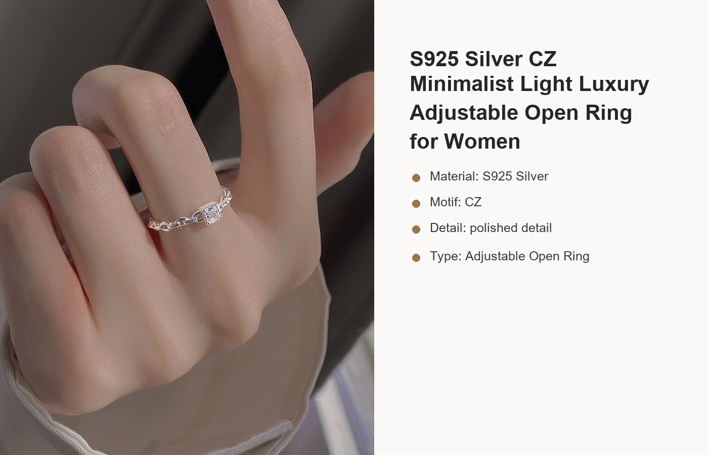 S925 Silver CZ Minimalist Light Luxury Adjustable Open Ring for Women detail image