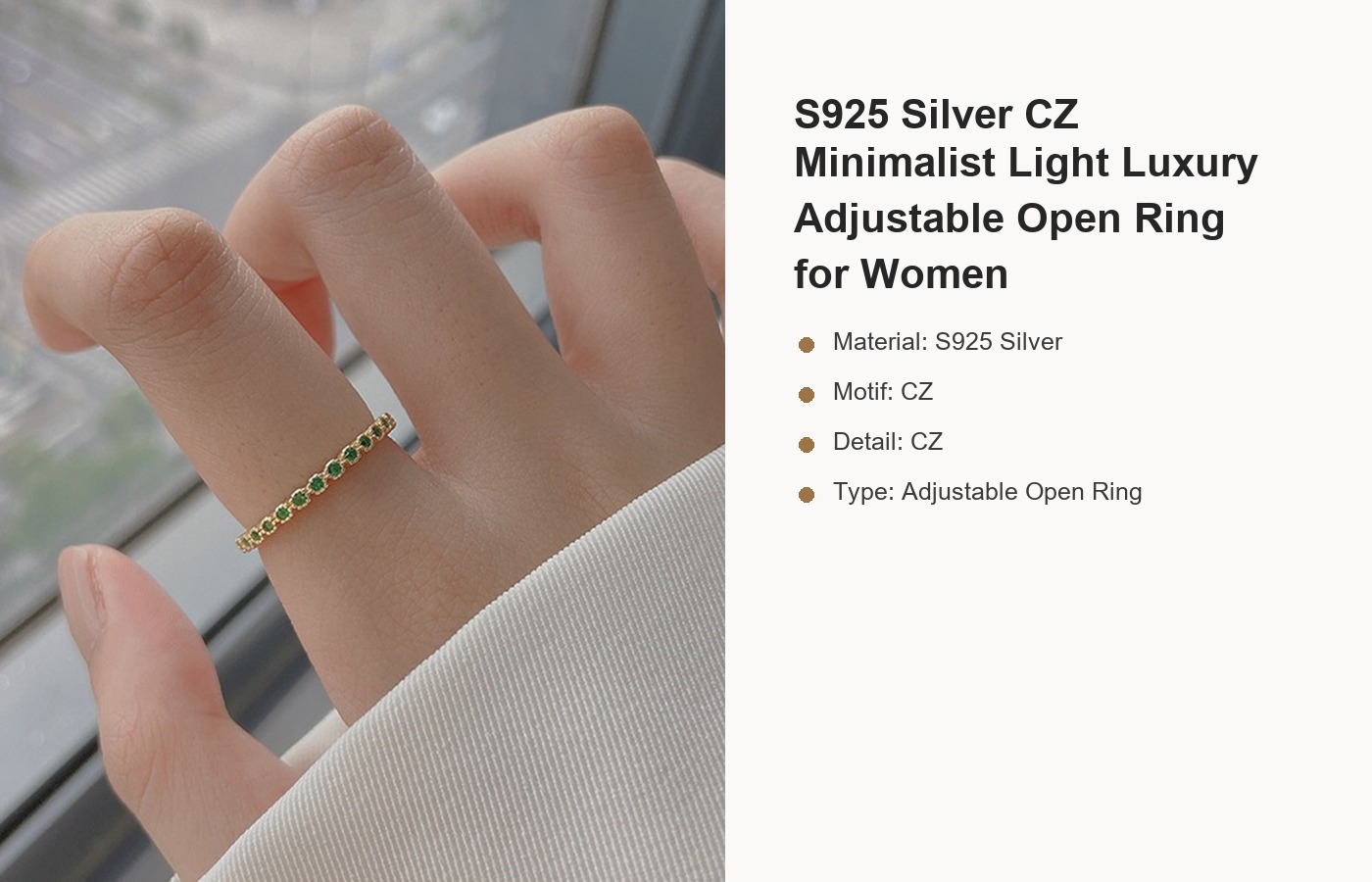 S925 Silver CZ Minimalist Light Luxury Adjustable Open Ring for Women detail image