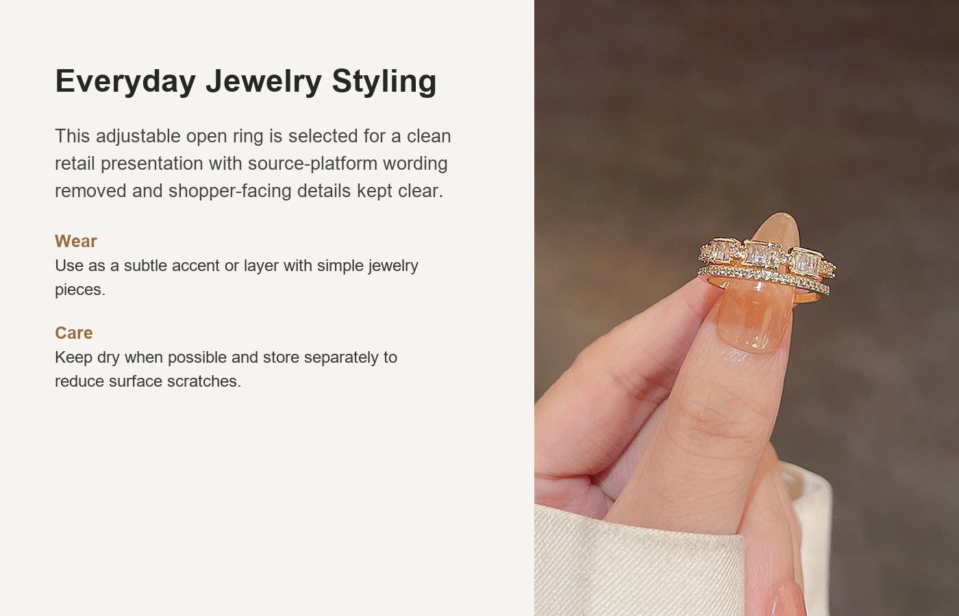 S925 Silver CZ Minimalist Light Luxury Adjustable Open Ring for Women detail image
