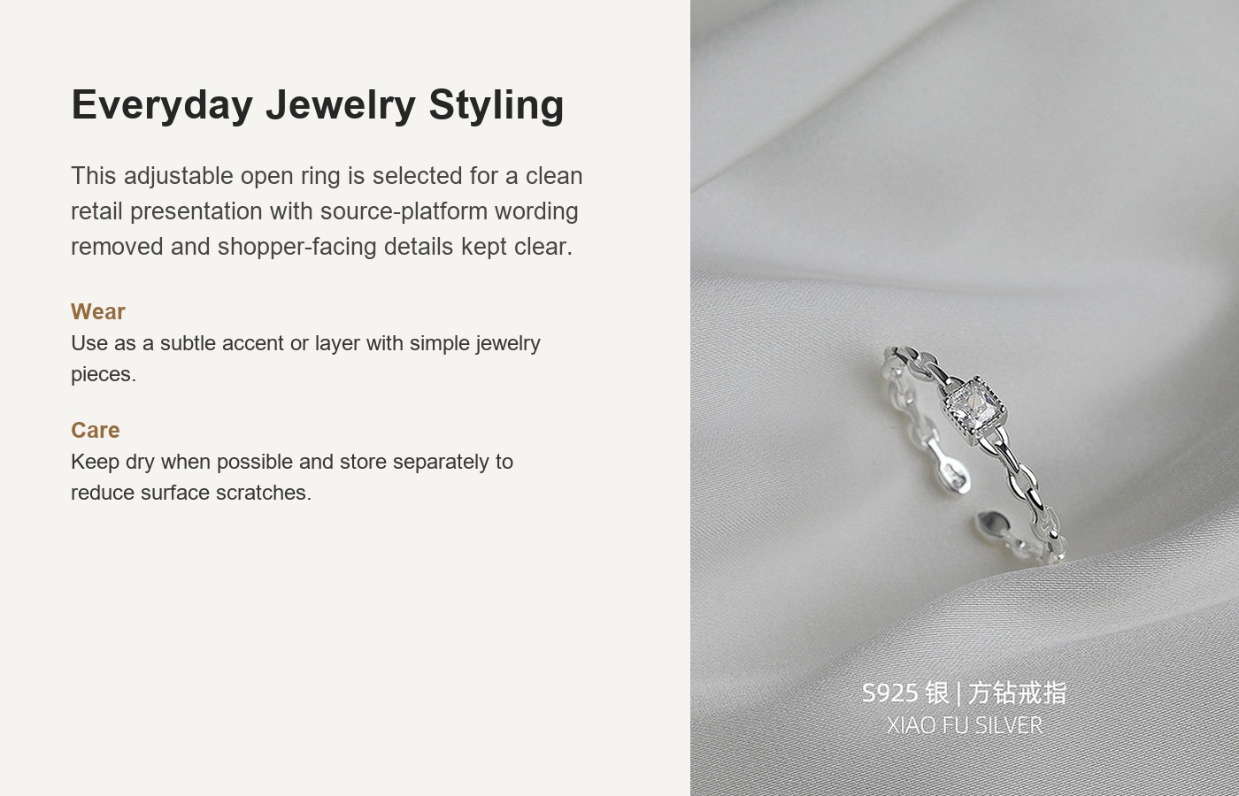 S925 Silver CZ Minimalist Light Luxury Adjustable Open Ring for Women detail image