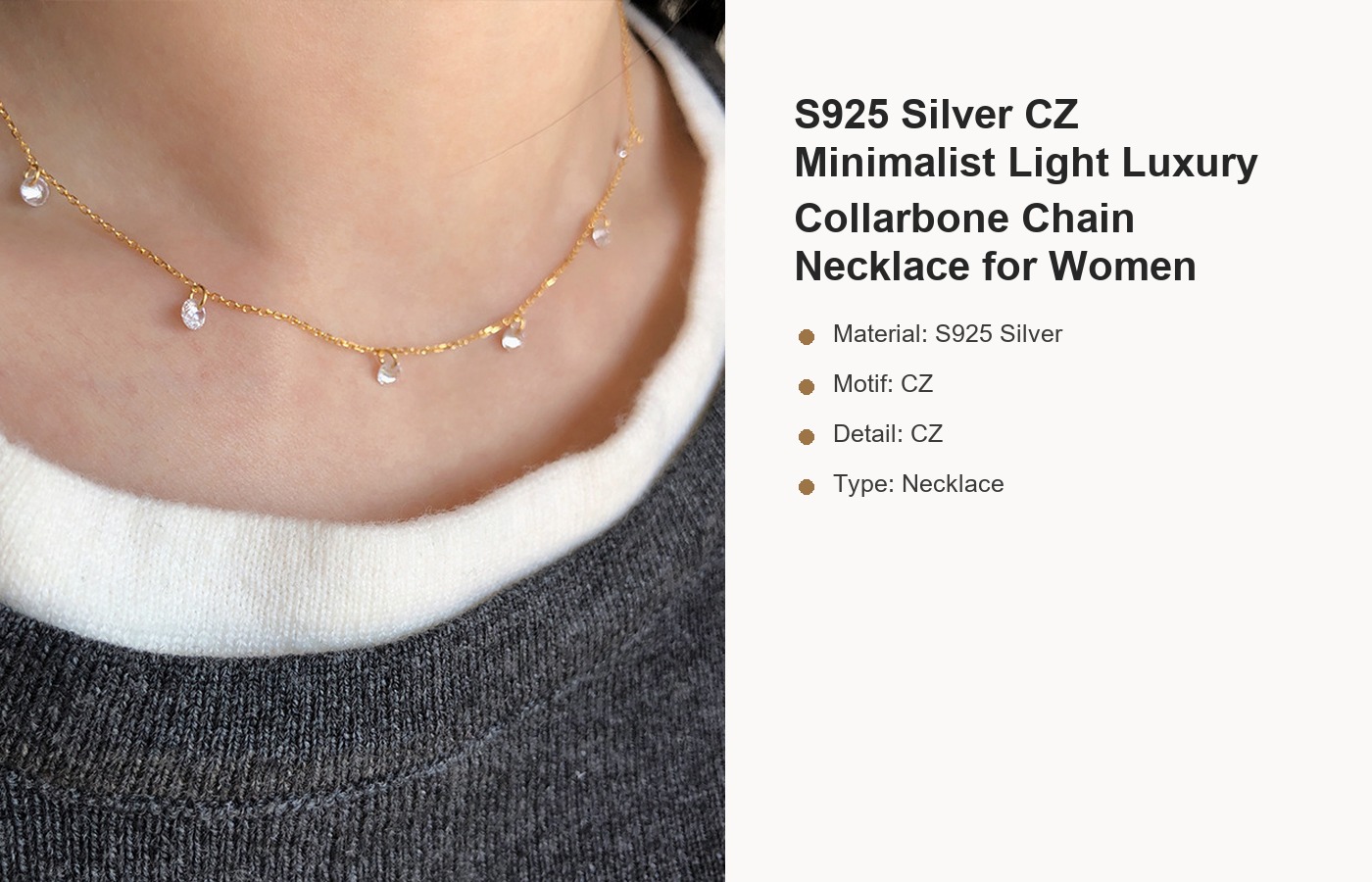 S925 Silver CZ Minimalist Light Luxury Collarbone Chain Necklace for Women detail image
