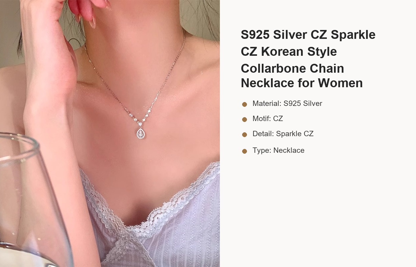 S925 Silver CZ Sparkle CZ Korean Style Collarbone Chain Necklace for Women detail image