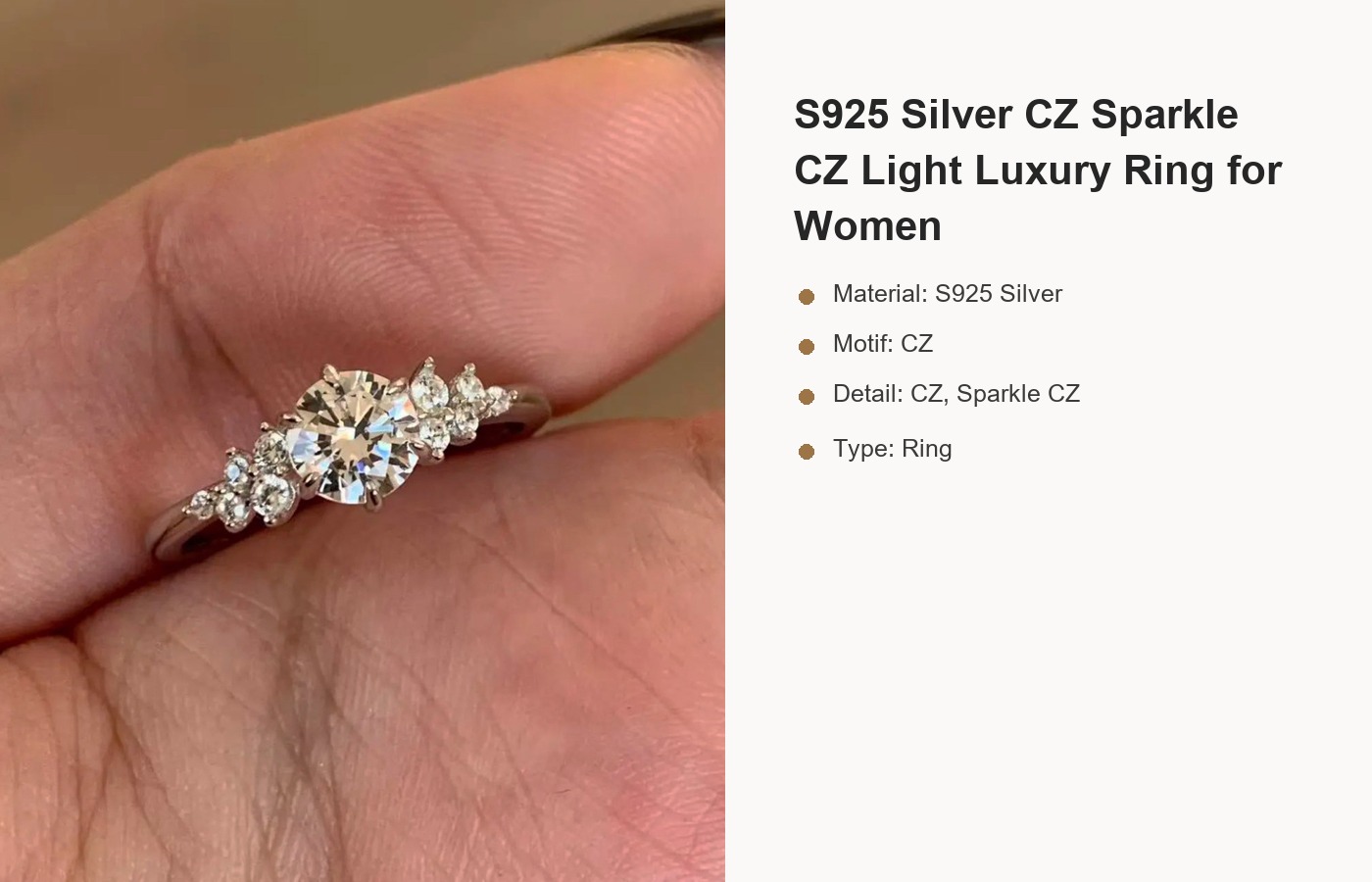 S925 Silver CZ Sparkle CZ Light Luxury Ring for Women detail image