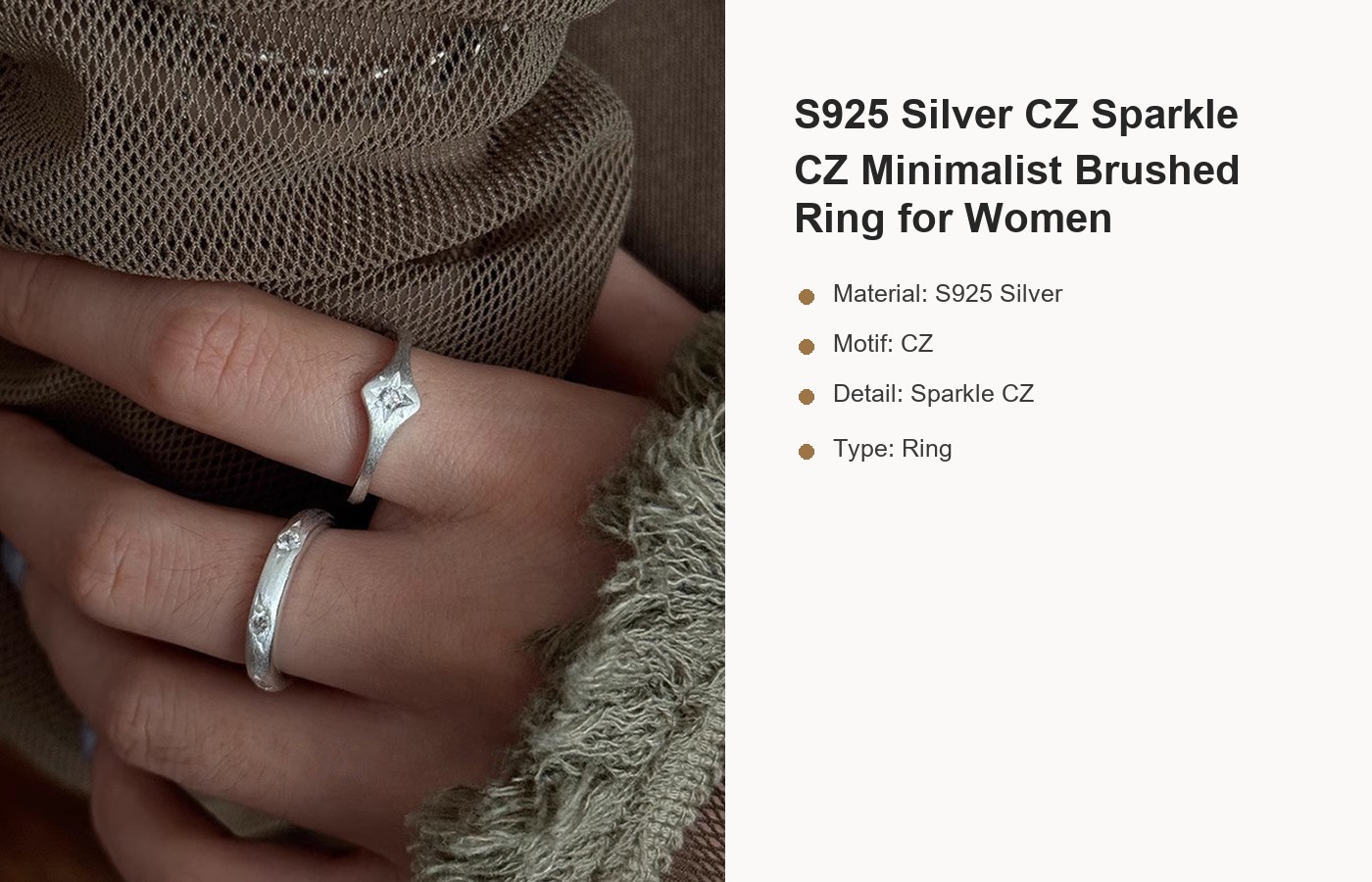 S925 Silver CZ Sparkle CZ Minimalist Brushed Ring for Women detail image