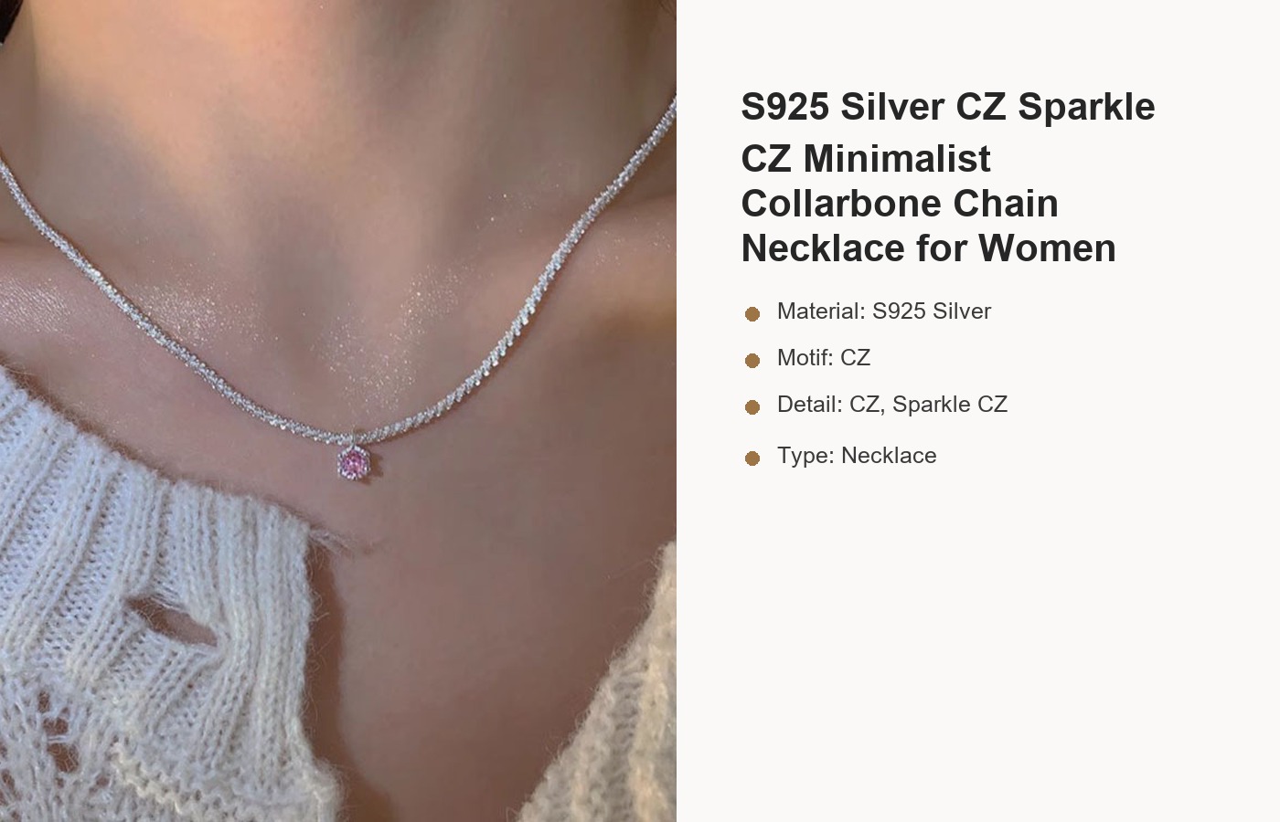 S925 Silver CZ Sparkle CZ Minimalist Collarbone Chain Necklace for Women detail image