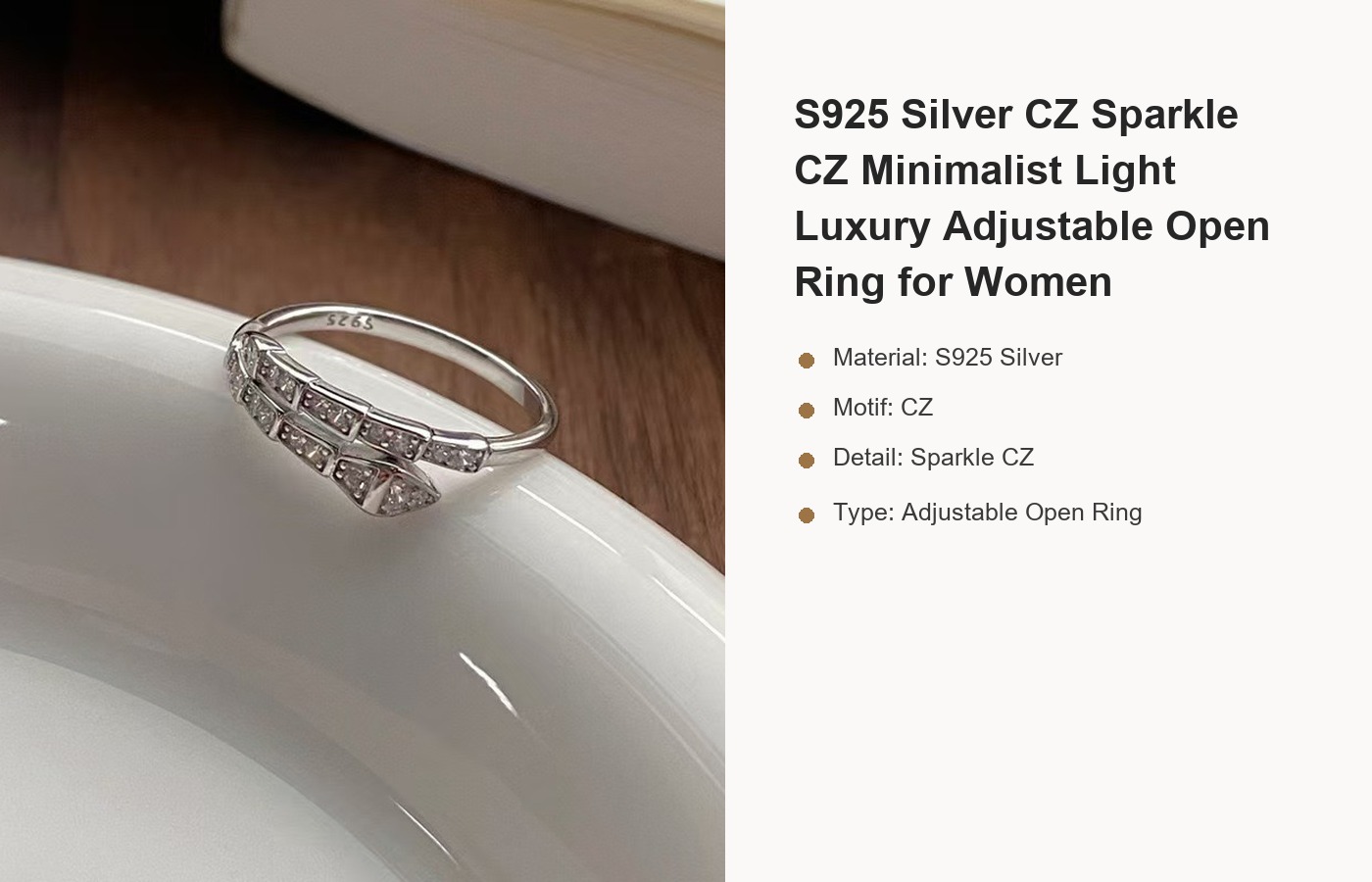 S925 Silver CZ Sparkle CZ Minimalist Light Luxury Adjustable Open Ring for Women detail image