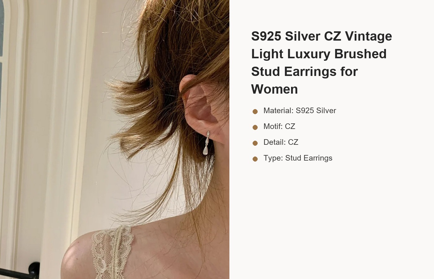 S925 Silver CZ Vintage Light Luxury Brushed Stud Earrings for Women detail image