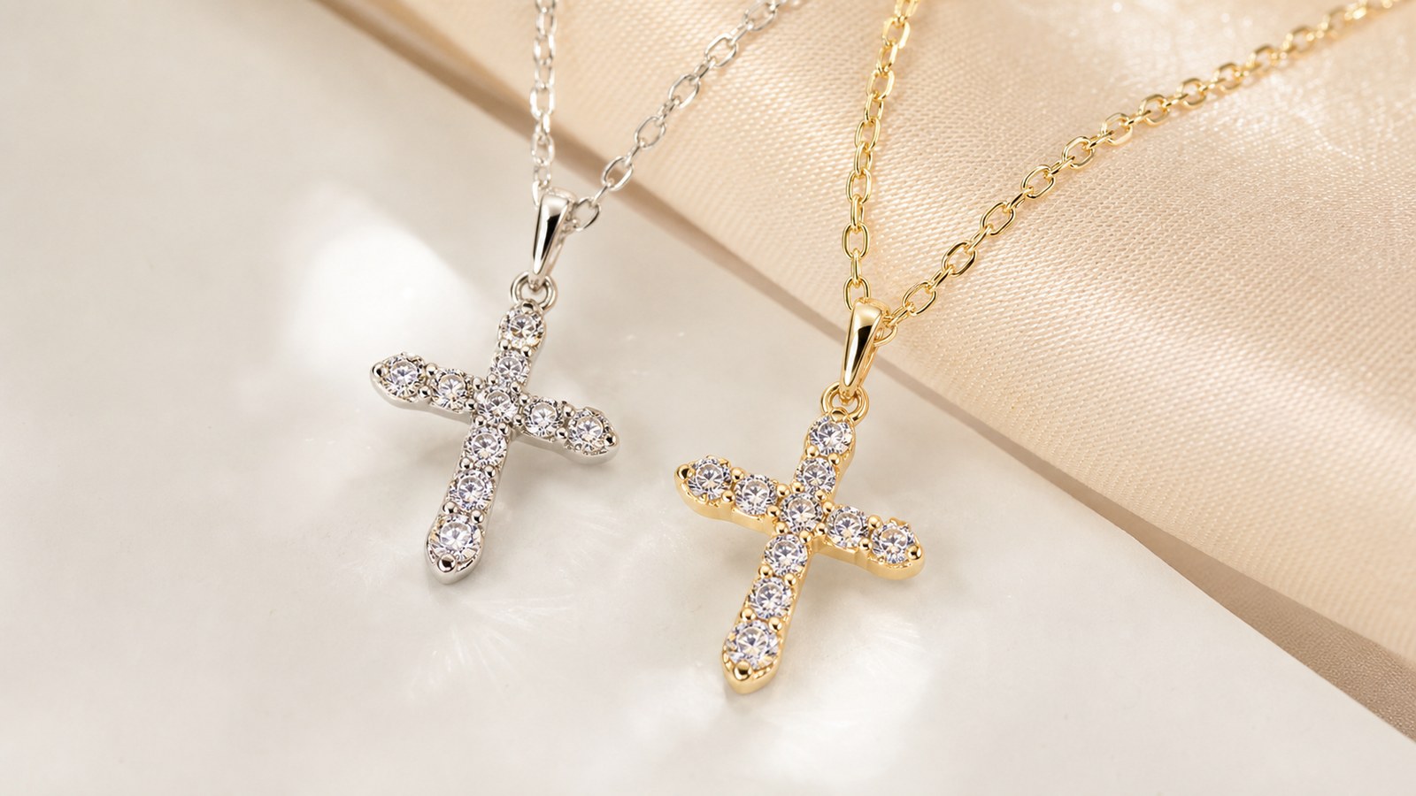 S925 Silver Double Cross CZ Pendant Necklace for Women, Gold or Silver Tone detail image