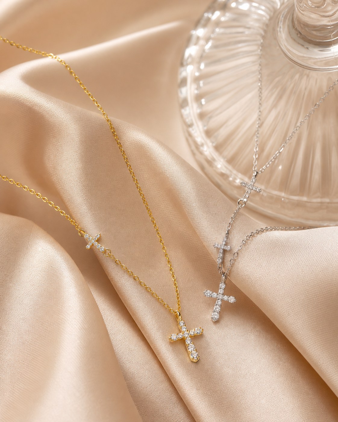 S925 Silver Double Cross CZ Pendant Necklace for Women, Gold or Silver Tone detail image