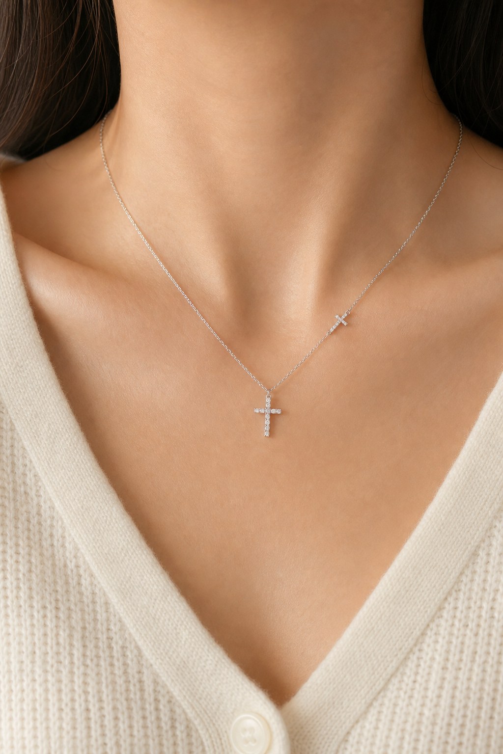 S925 Silver Double Cross CZ Pendant Necklace for Women, Gold or Silver Tone detail image