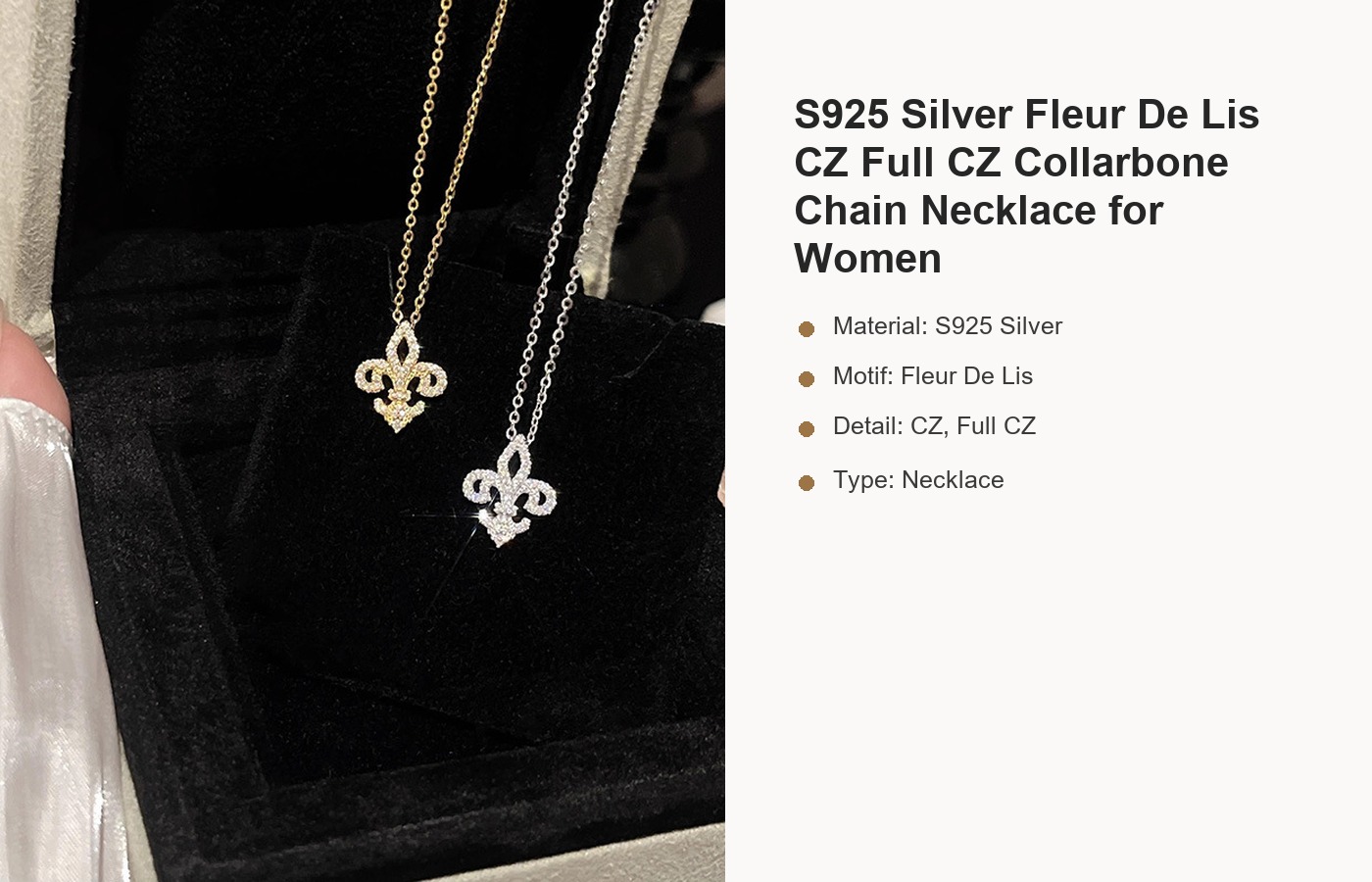 S925 Silver Fleur De Lis CZ Full CZ Collarbone Chain Necklace for Women detail image