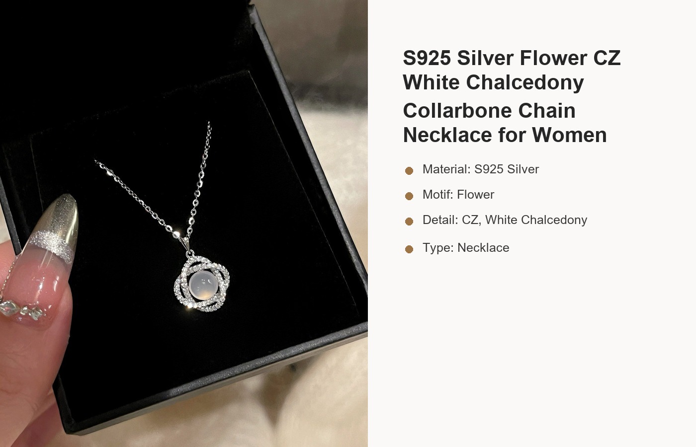 S925 Silver Flower CZ White Chalcedony Collarbone Chain Necklace for Women detail image