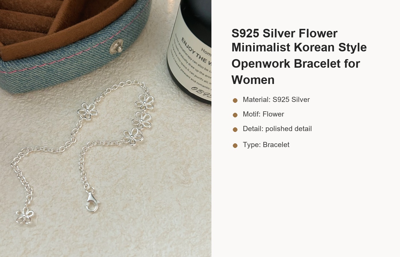 S925 Silver Flower Minimalist Korean Style Openwork Bracelet for Women detail image