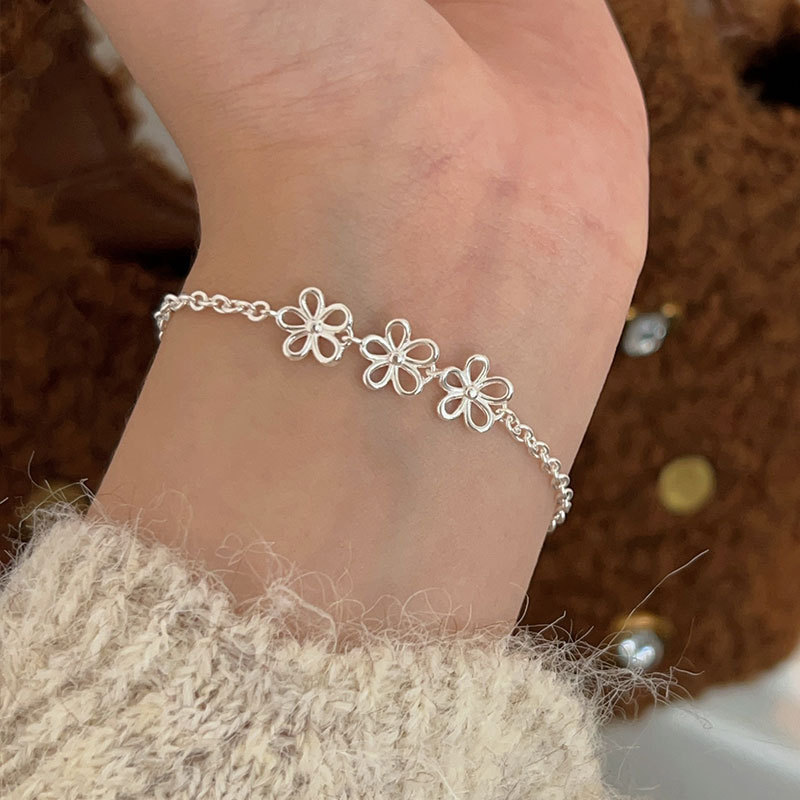 S925 Silver Flower Minimalist Korean Style Openwork Bracelet for Women main image 3