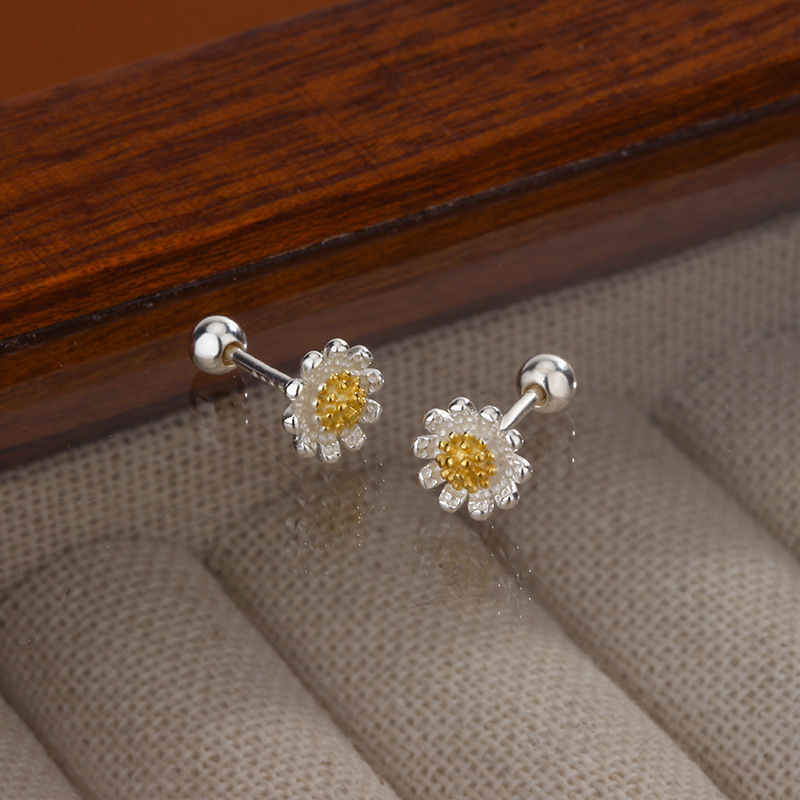 S925 Silver Flower Minimalist Korean Style Screw Back Stud Earrings for Women main image 1