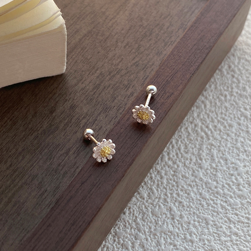 S925 Silver Flower Minimalist Korean Style Screw Back Stud Earrings for Women main image 3