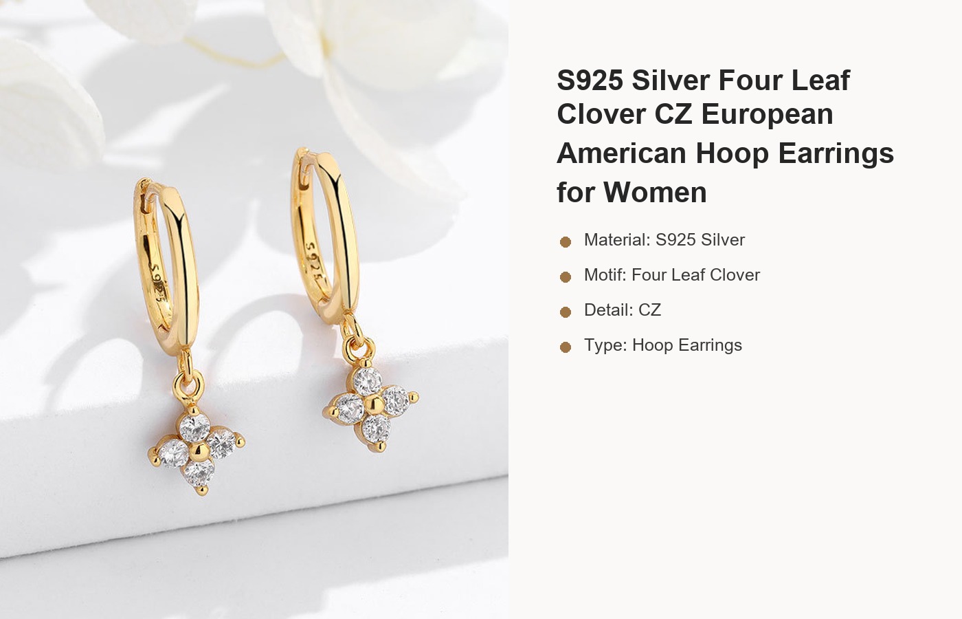 S925 Silver Four Leaf Clover CZ European American Hoop Earrings for Women detail image
