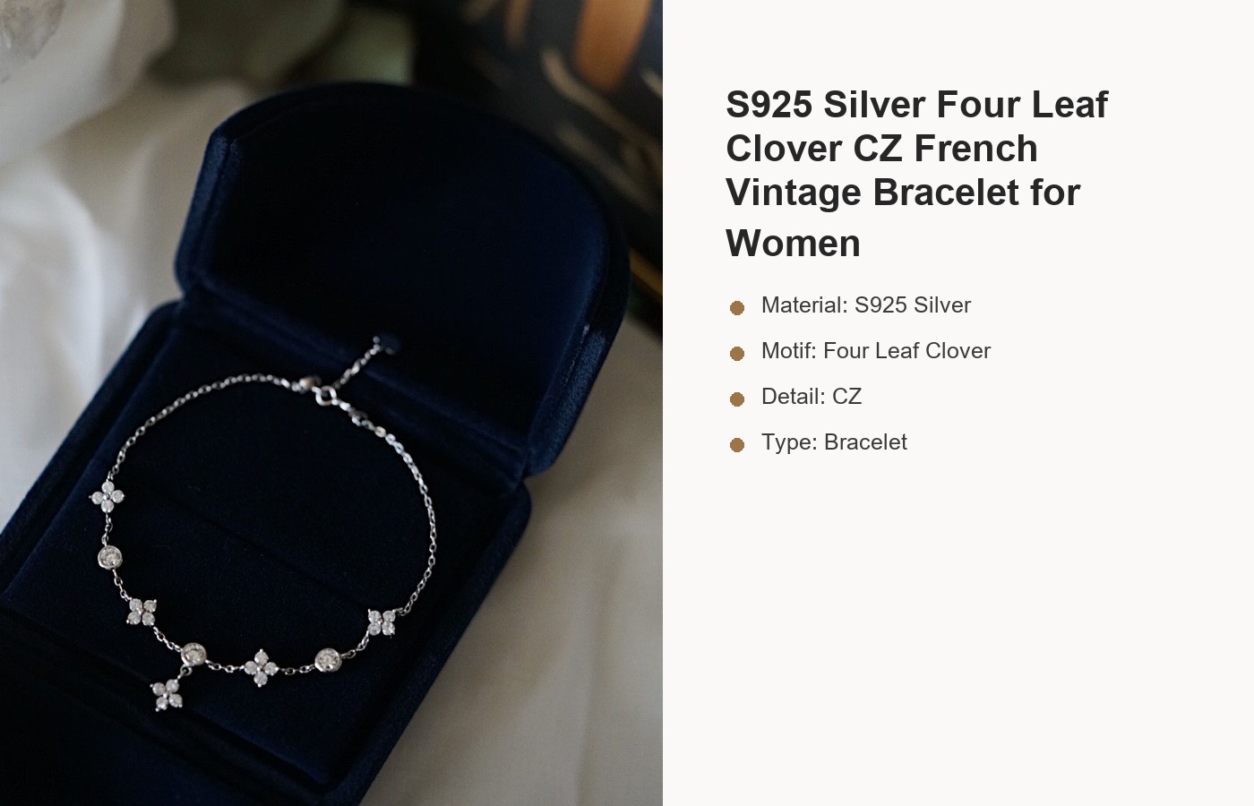 S925 Silver Four Leaf Clover CZ French Vintage Bracelet for Women detail image