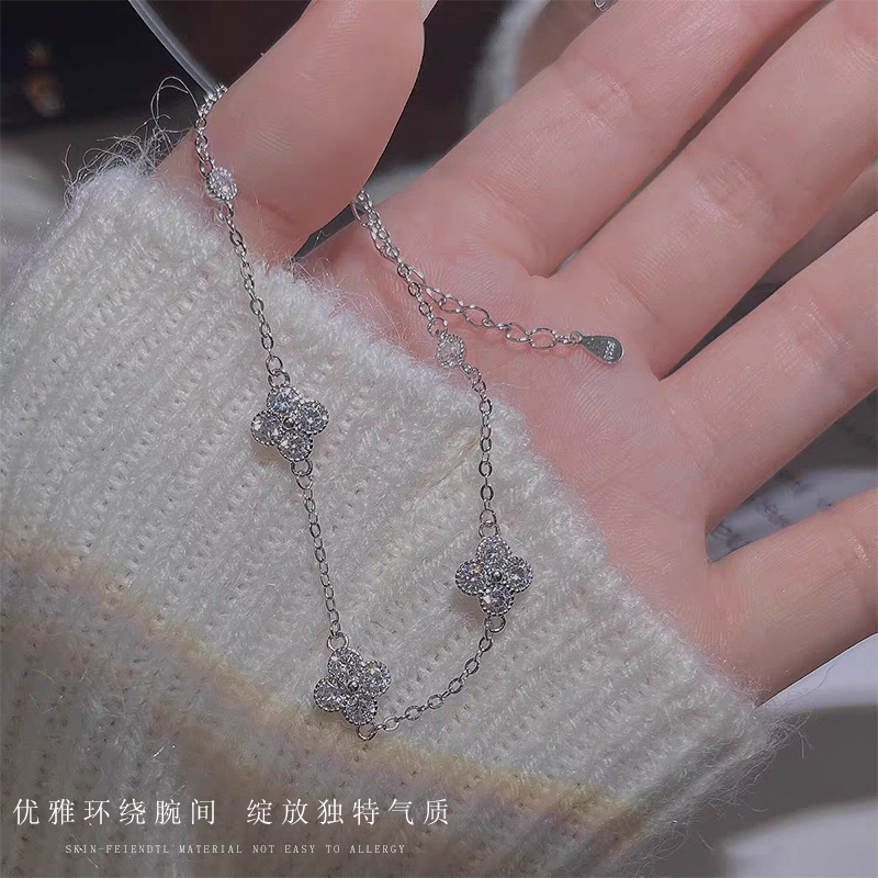 S925 Silver Four Leaf Clover CZ Full CZ Light Luxury Micro Pave Bracelet for Women main image 4
