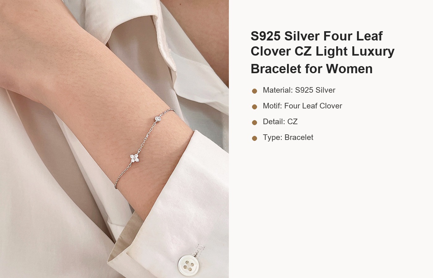 S925 Silver Four Leaf Clover CZ Light Luxury Bracelet for Women detail image