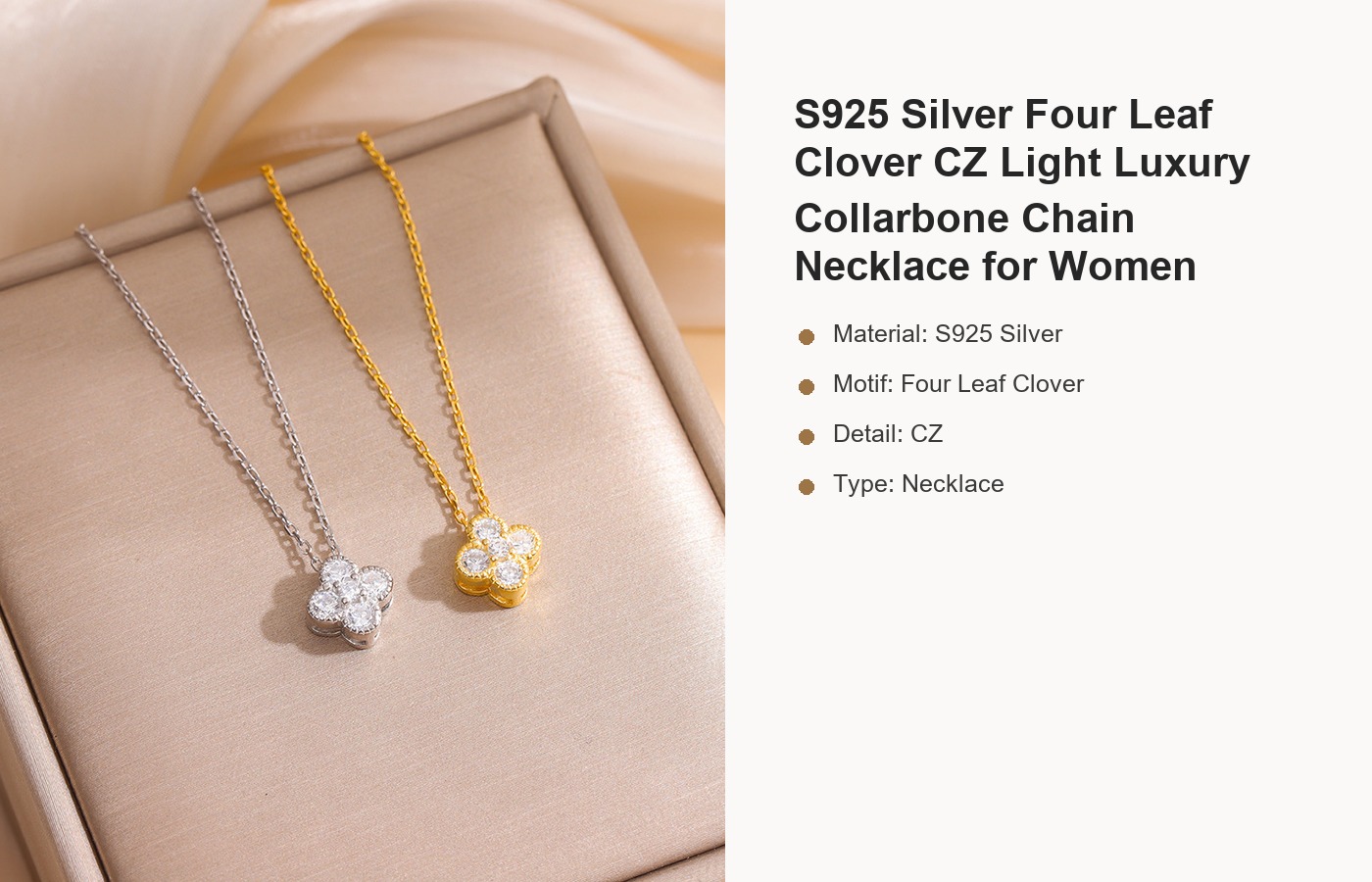 S925 Silver Four Leaf Clover CZ Light Luxury Collarbone Chain Necklace for Women detail image