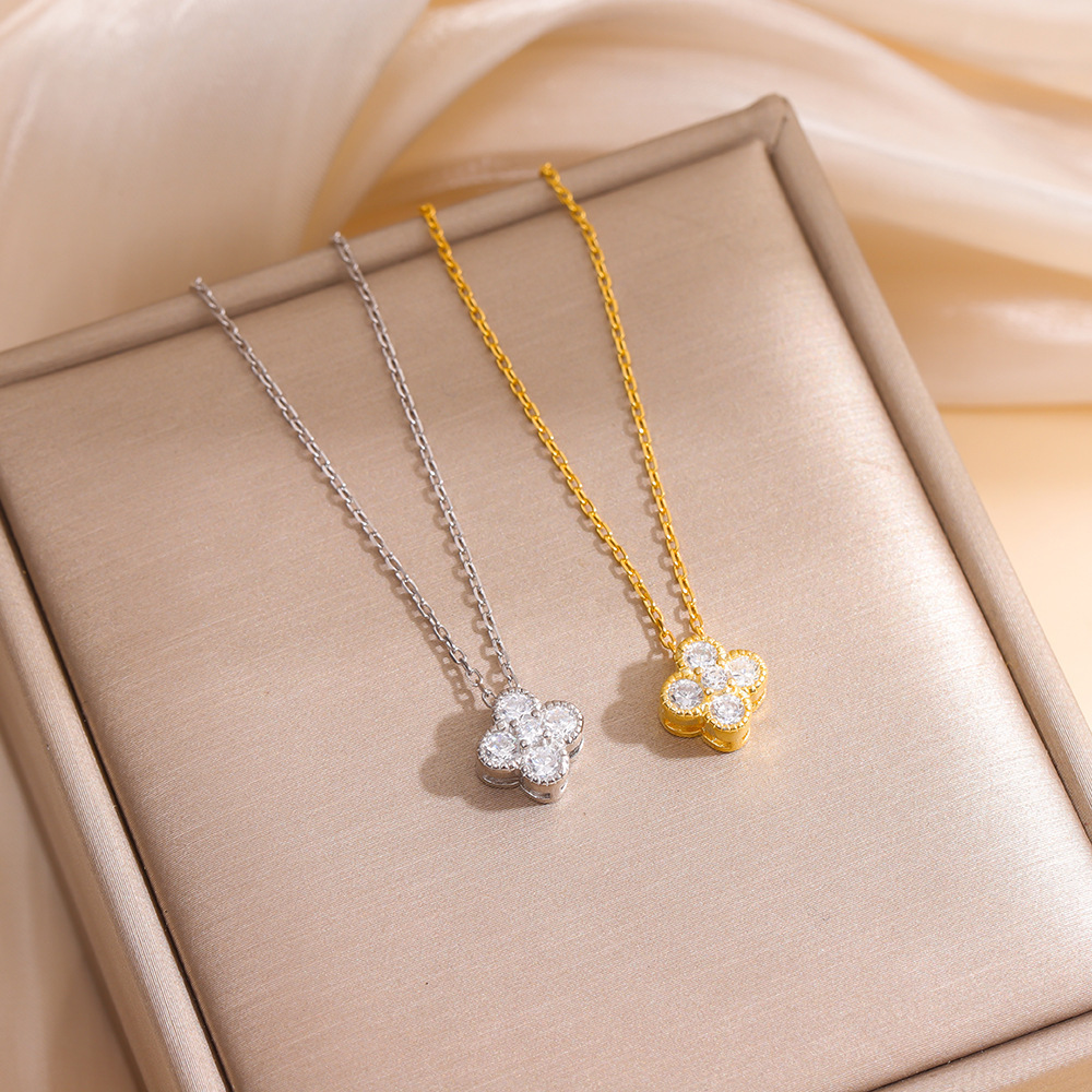 S925 Silver Four Leaf Clover CZ Light Luxury Collarbone Chain Necklace for Women main image 2