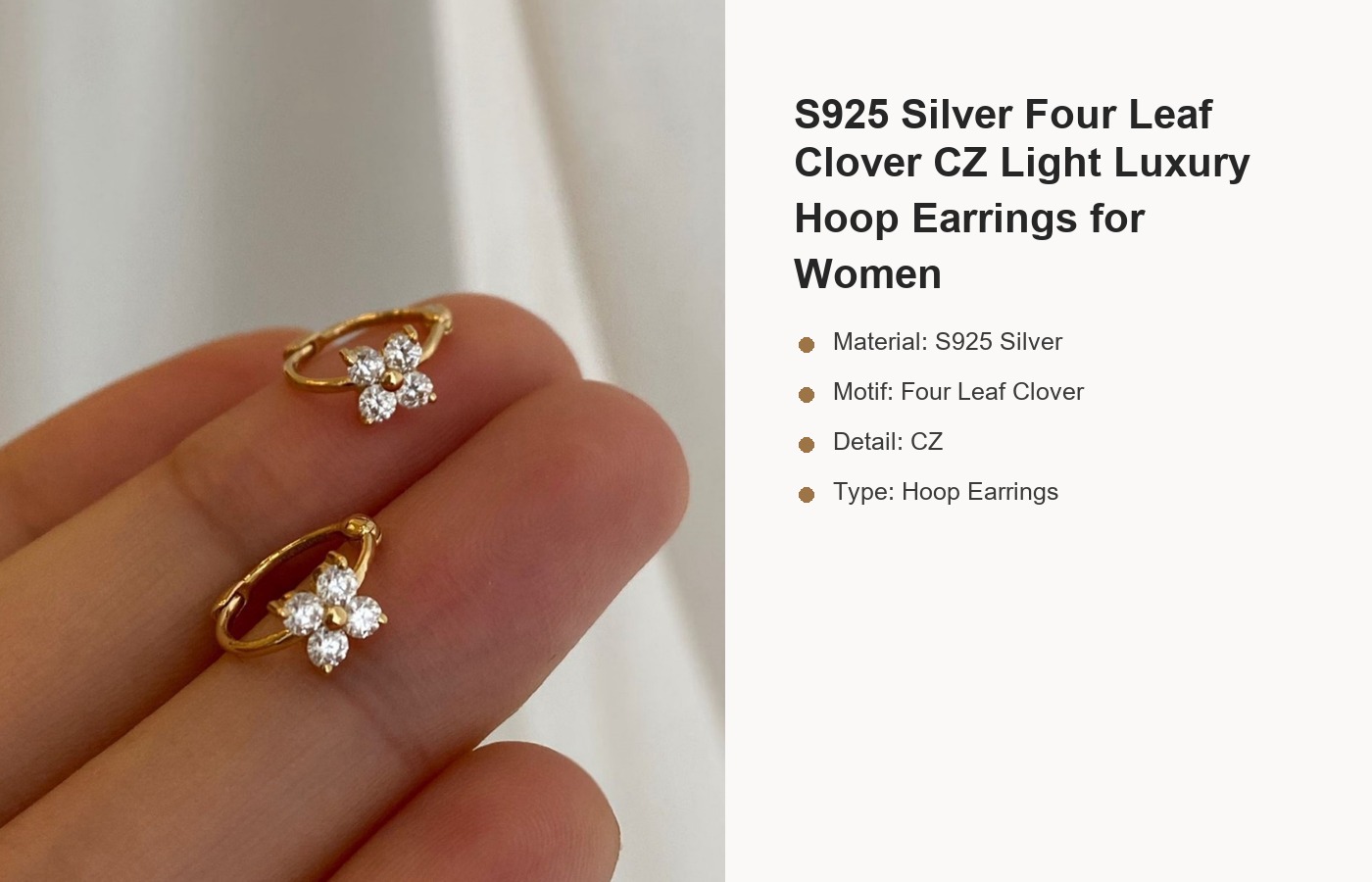 S925 Silver Four Leaf Clover CZ Light Luxury Hoop Earrings for Women detail image