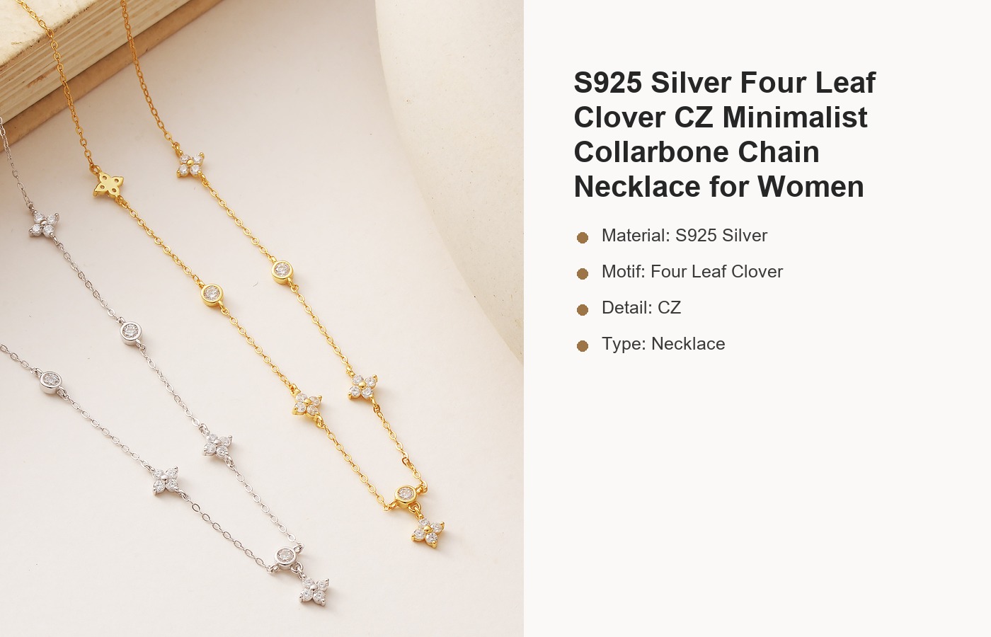 S925 Silver Four Leaf Clover CZ Minimalist Collarbone Chain Necklace for Women detail image