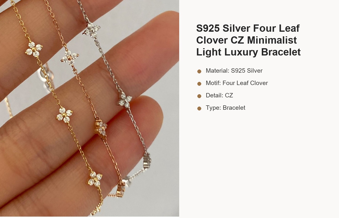 S925 Silver Four Leaf Clover CZ Minimalist Light Luxury Bracelet detail image