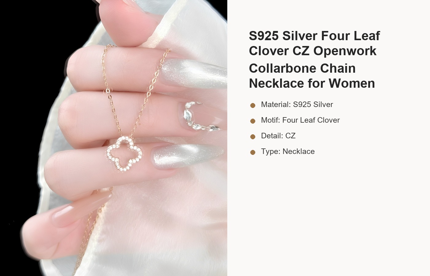 S925 Silver Four Leaf Clover CZ Openwork Collarbone Chain Necklace for Women detail image