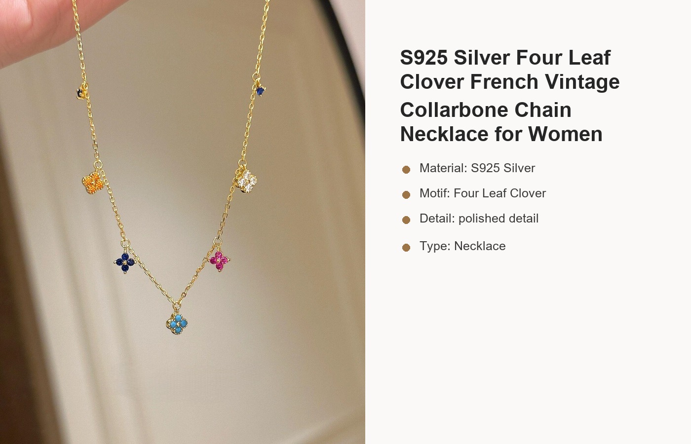 S925 Silver Four Leaf Clover French Vintage Collarbone Chain Necklace for Women detail image