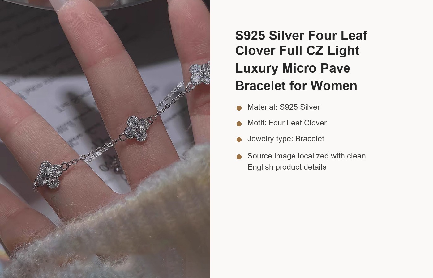 S925 Silver Four Leaf Clover CZ Full CZ Light Luxury Micro Pave Bracelet for Women detail image