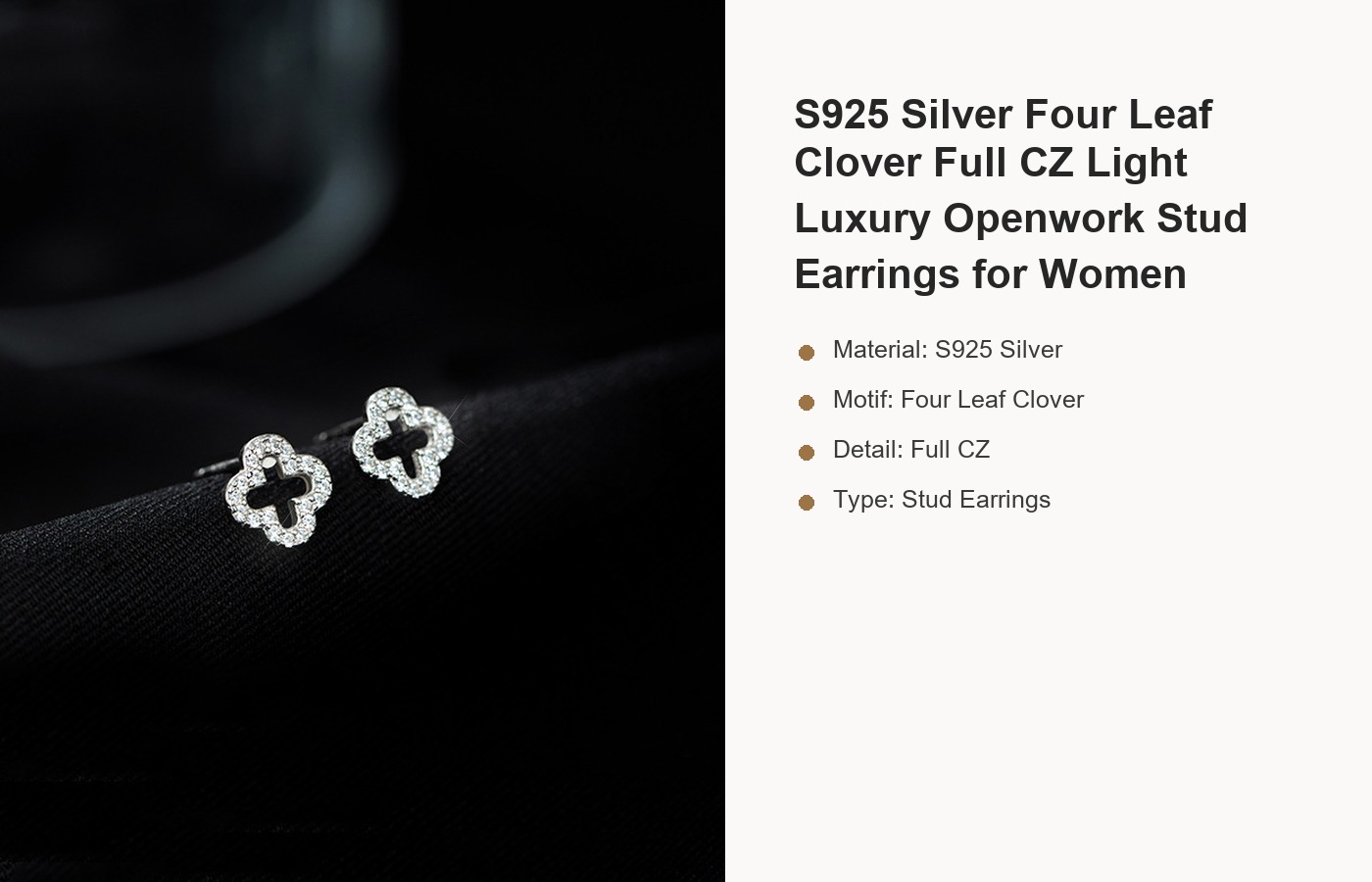 S925 Silver Four Leaf Clover Full CZ Light Luxury Openwork Stud Earrings for Women detail image