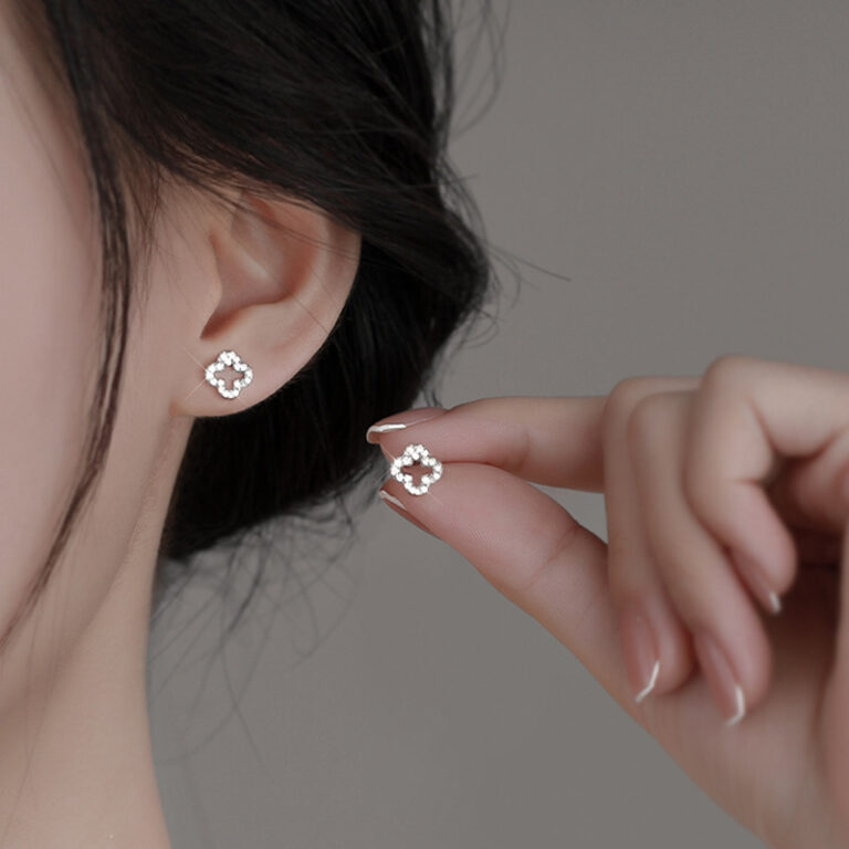 S925 Silver Four Leaf Clover Full CZ Light Luxury Openwork Stud Earrings for Women main image 1