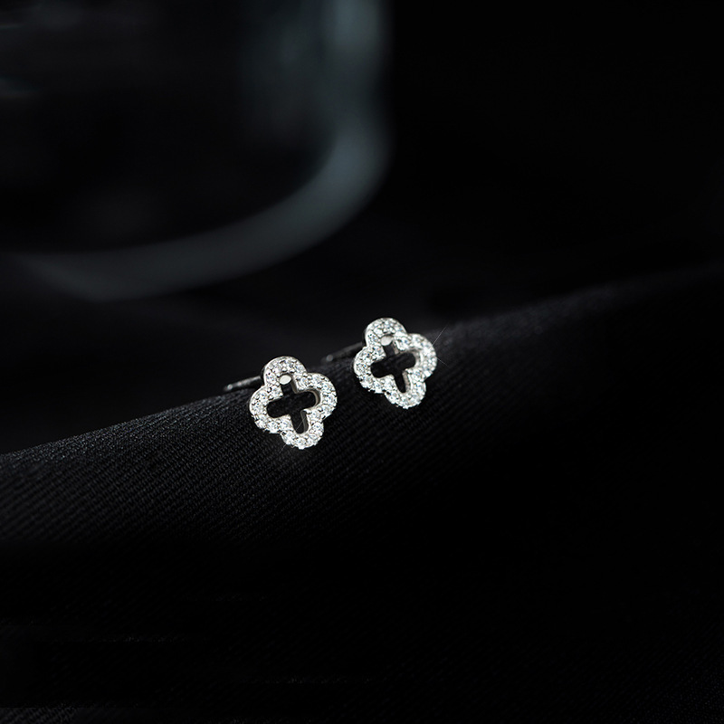 S925 Silver Four Leaf Clover Full CZ Light Luxury Openwork Stud Earrings for Women main image 2