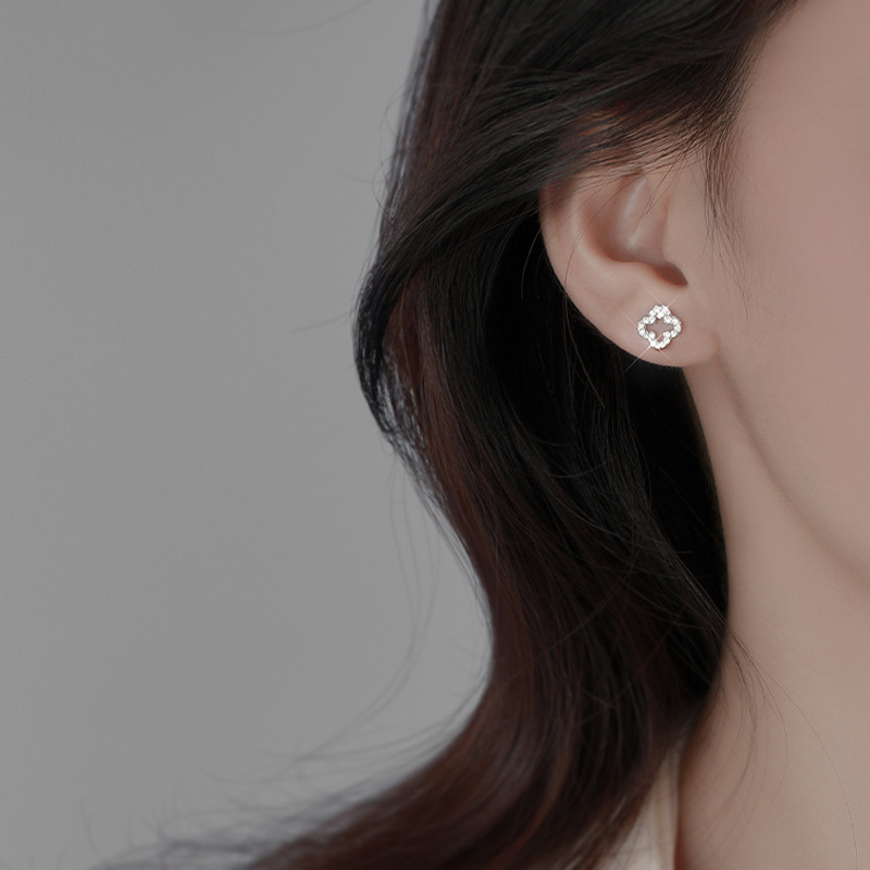 S925 Silver Four Leaf Clover Full CZ Light Luxury Openwork Stud Earrings for Women main image 3