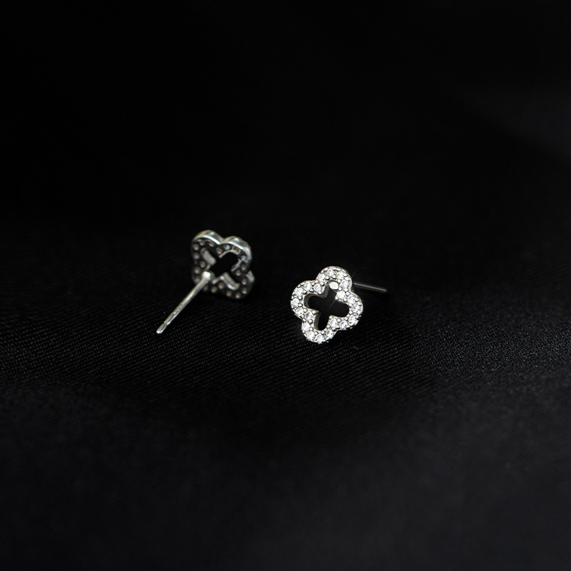 S925 Silver Four Leaf Clover Full CZ Light Luxury Openwork Stud Earrings for Women main image 4