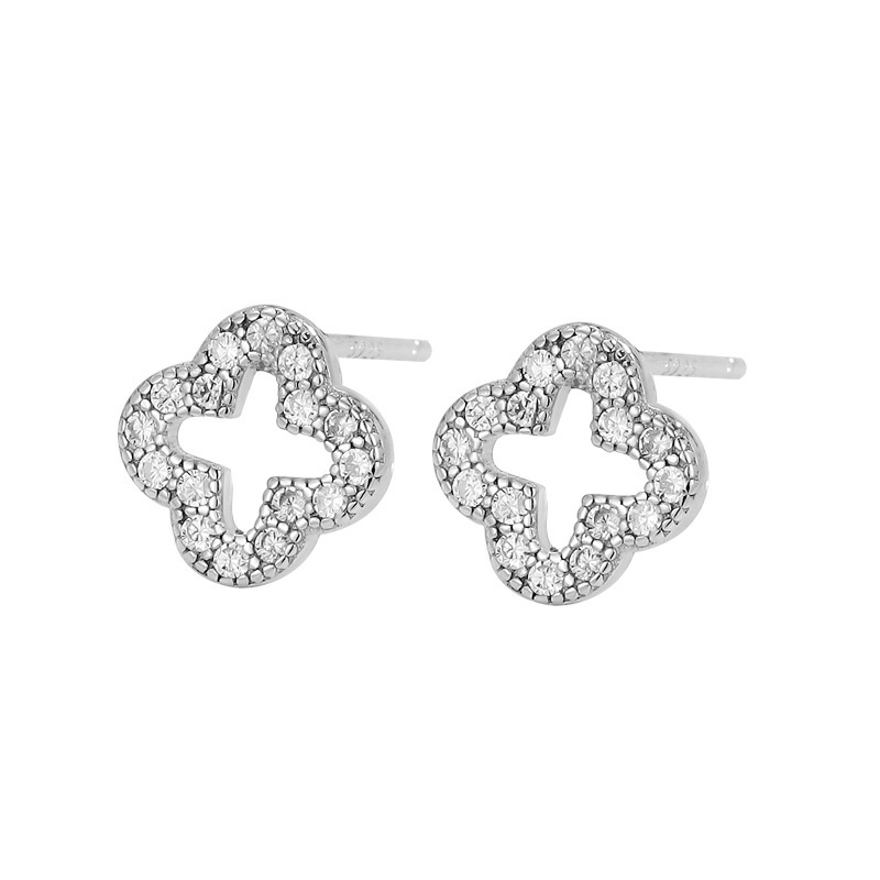 S925 Silver Four Leaf Clover Full CZ Light Luxury Openwork Stud Earrings for Women main image 5