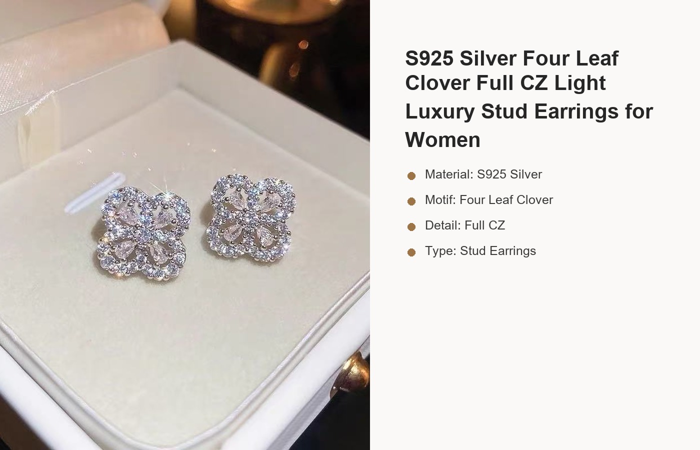 S925 Silver Four Leaf Clover Full CZ Light Luxury Stud Earrings for Women detail image