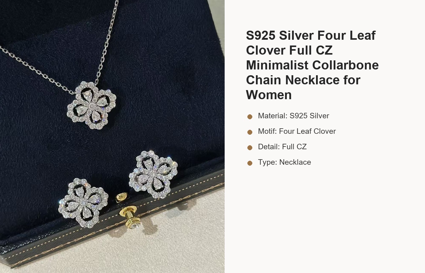 S925 Silver Four Leaf Clover Full CZ Minimalist Collarbone Chain Necklace for Women detail image