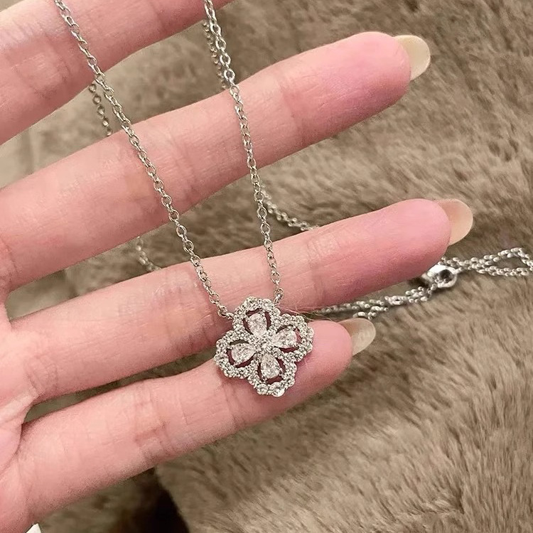 S925 Silver Four Leaf Clover Full CZ Minimalist Collarbone Chain Necklace for Women main image 1