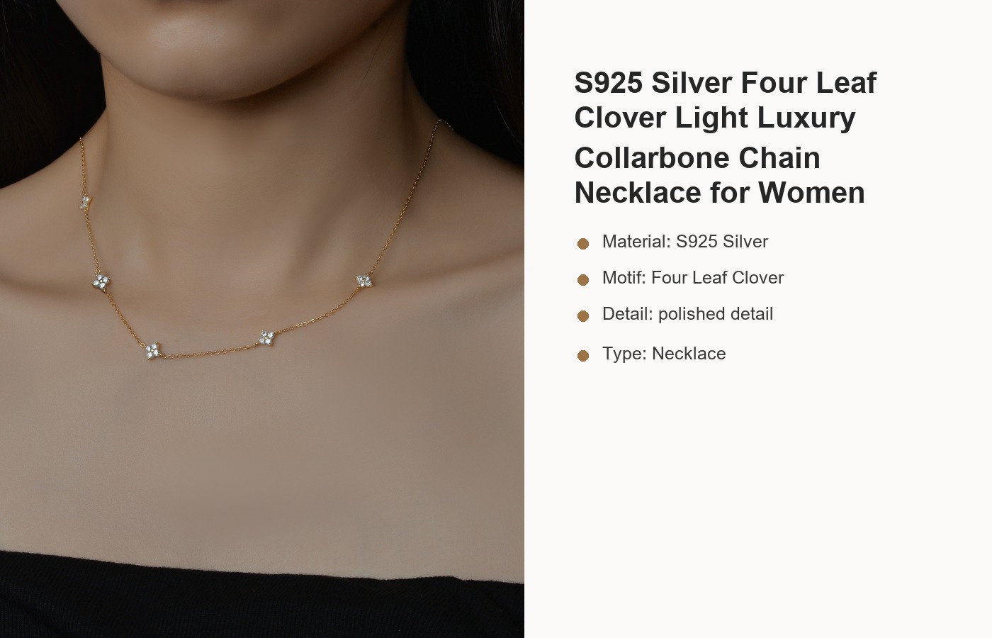 S925 Silver Four Leaf Clover Light Luxury Collarbone Chain Necklace for Women detail image
