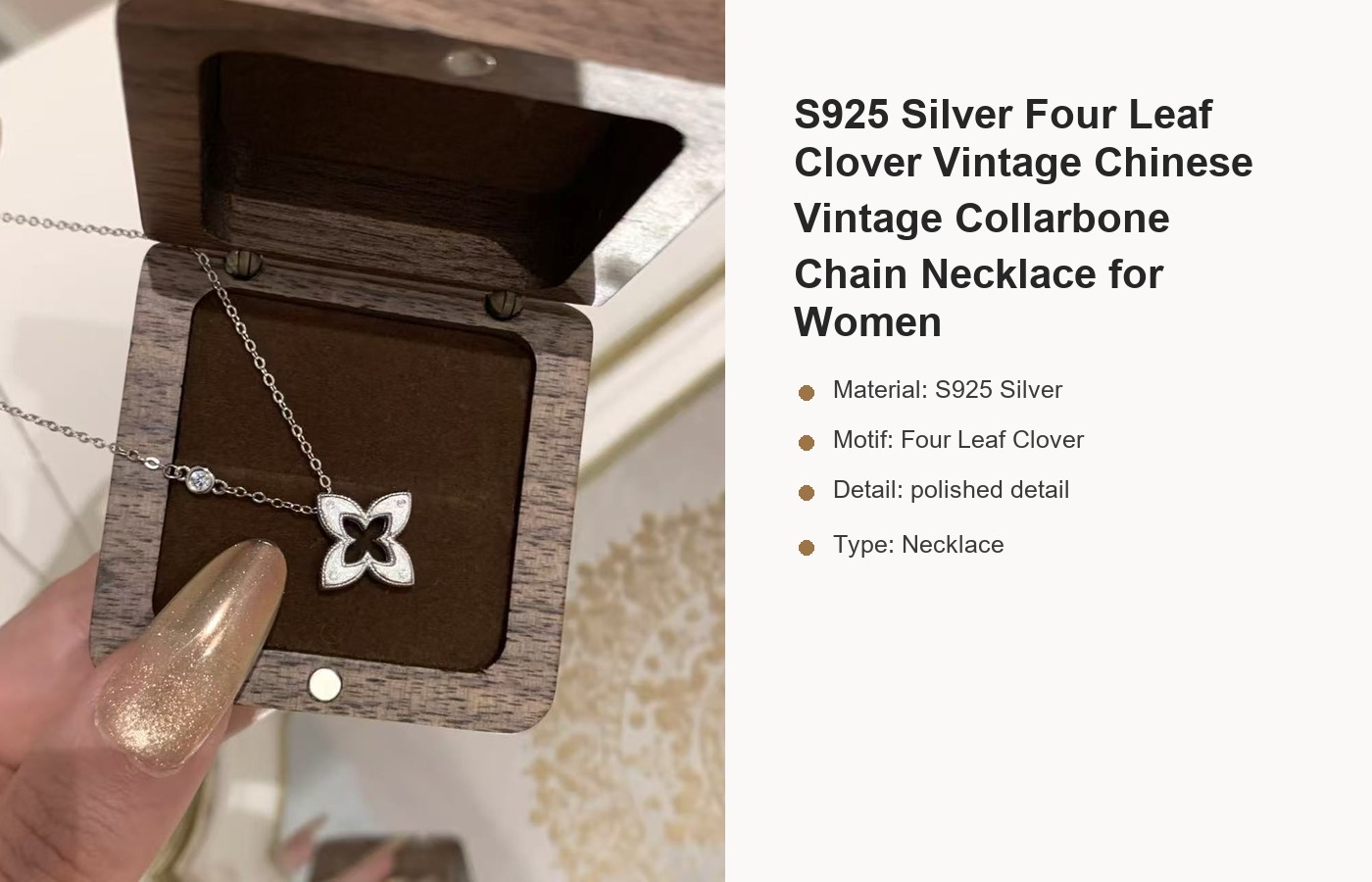S925 Silver Four Leaf Clover Vintage Chinese Vintage Collarbone Chain Necklace for Women detail image