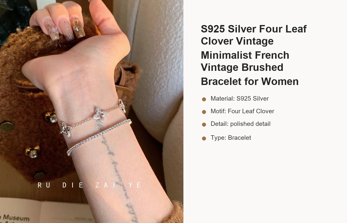 S925 Silver Four Leaf Clover Vintage Minimalist French Vintage Brushed Bracelet for Women detail image