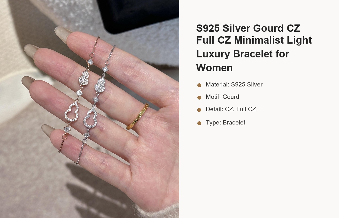 S925 Silver Gourd CZ Full CZ Minimalist Light Luxury Bracelet for Women detail image